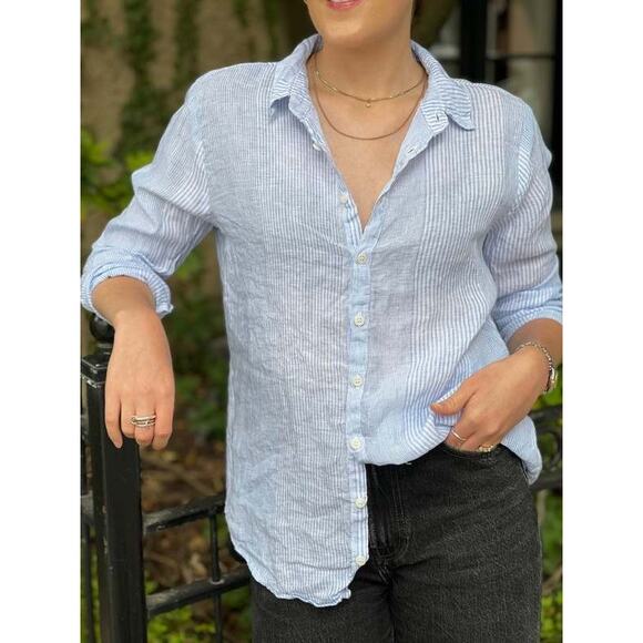 CP Shades Linen Pinstripe Romy Button Down Shirt Top Blue White Size Medium - Picture 3 of 8